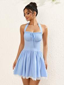 Elegant Bohemian Style Sleeveless Short A-Line Dress With Pleated Bust And Lace Hem - Blue - View 4
