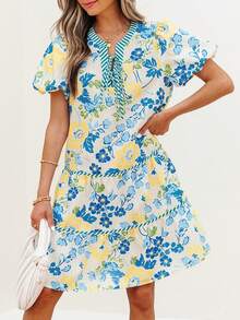 Đầm ngắn tay cánh hoa màu xanh dương kẻ sọc hoa văn dành cho nữ - Nhiều màu - Xem 2