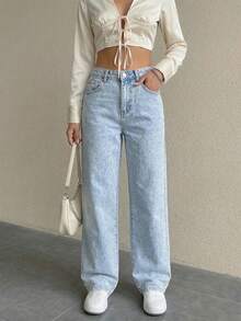 UMINOW 女士休闲水洗直筒牛仔裤，带蝴蝶结口袋，长款无弹力款式 - 藍色 - 查看 6