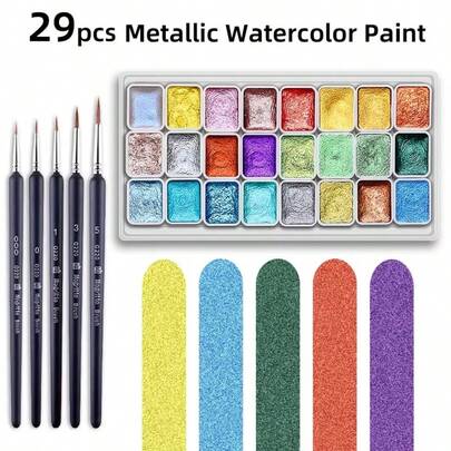 Starlight Metallic Pearlescent 24 Colors Solid Watercolor Paint Set With 5pcs Detail Brushes For Painting,Writing,Decoration