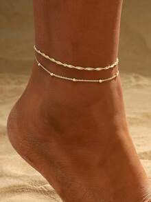 HOTNICE 2pcs/Set Women's Double-Layer Rice Pearl Anklet, Personalized Beach Jewelry Accessory - Style one - View 1