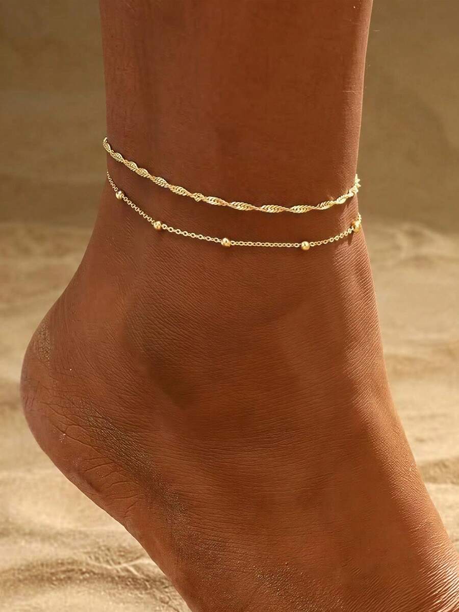 HOTNICE 2pcs/Set Women's Double-Layer Rice Pearl Anklet, Personalized Beach Jewelry Accessory - Style one - View 1