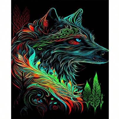 1幅2D DIY钻石画彩色狼头，动物系列羽毛装饰DIY手工水钻画，完美的节日礼物