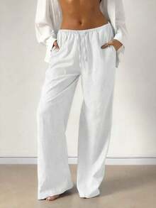 Women's Casual Comfortable Versatile Linen Loose Flowy Wide Leg Pants Spring - 白色 - 查看 5