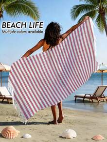 1pc/2pcs Set Striped Turkish Beach Towel - 39"X 71"/99 X 180 Cm Extra Large Sand-Proof Quick Dry Compact Cotton Beach Towel, Suitable For Beach, Bathroom, Swimming Pool, Travel, Yoga, Camping - Multicolor - View 11