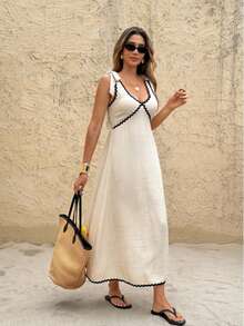 Vestido Maxi de Lino Bohemio 2026, Sin Mangas con Cuello en V y Silueta A, con Adornos Ondulados Negros, Versátil para Vacaciones, Fiestas y Uso Diario - Albaricoque - Ver 6