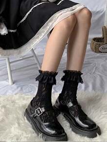 1双夏季薄款蕾丝荷叶边短袜，可爱洛丽塔镂空透明中筒袜，甜美网眼袜 - 彩色 - 查看 3