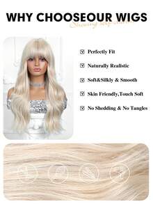 24英寸金色长卷发假发，带刘海，女士合成假发，时尚百搭，适合日常佩戴、派对、角色扮演、度假、旅行、家庭聚会、母亲节礼物、开斋节礼物、返校礼物、女孩礼物、夏季毕业礼物、现成礼物、万圣节和圣诞节礼物 - 挑染金色 - 查看 7