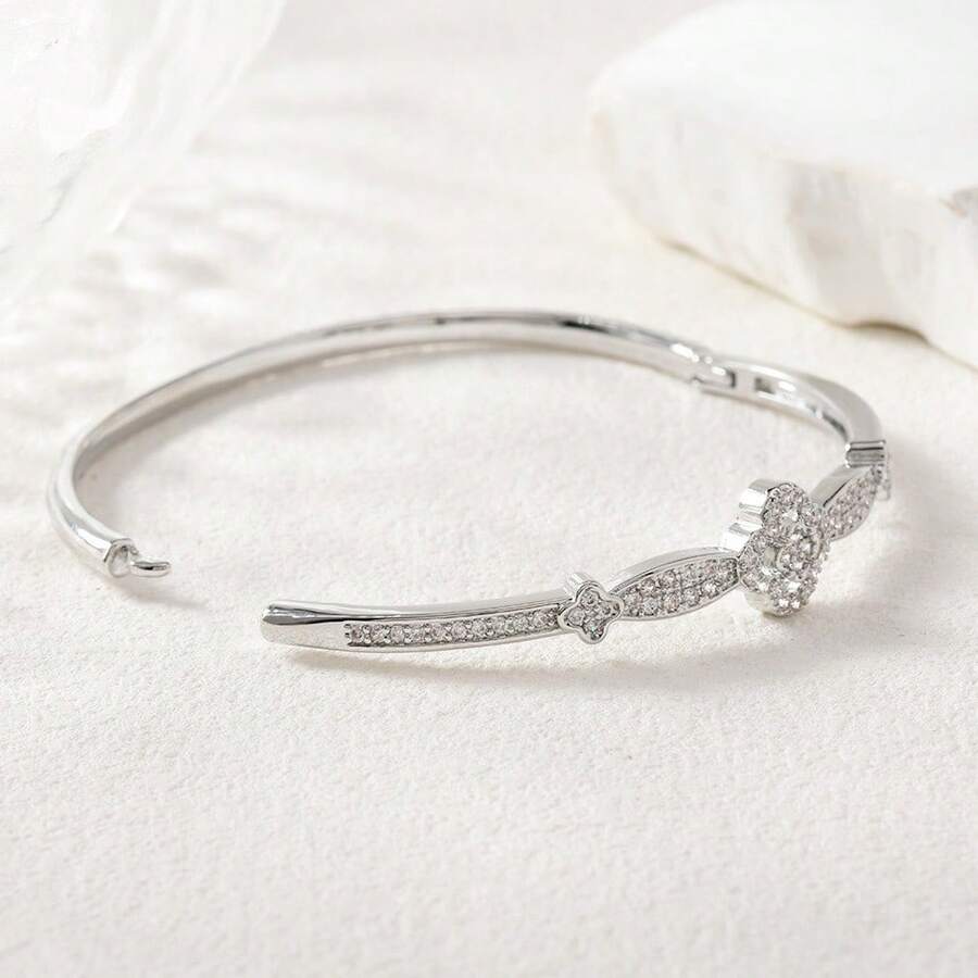 1pc Luxury 18K Gold Plated Copper Bracelet With Cubic Zirconia, Classic Four-Leaf Clover Design Daily Jewelry, Gift For Friends - Multicolor - View 1