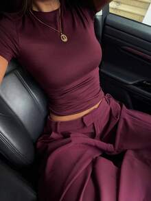 Women's Casual Slim Fit Round Neck Top, Suitable For Daily Wear In Summer - Burgundy - View 4