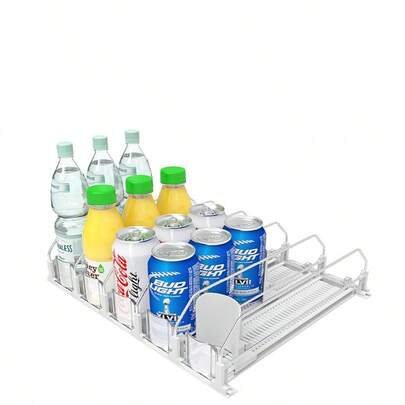 دافع المشروبات، صندوق تخزين الزجاجات والعلب للثلاجة مع رفوف مزدوجة محسنة وكبسولات تحديد الموضع، موزع أوتوماتيكي للعلب الغازية للمطبخ والخزانة والمكتب والتنظيم، دافع المشروبات للثلاجة في السوبر ماركت