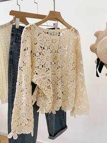 优雅女士针织花卉刺绣衬衫，薄纱钩编衬衫，时尚休闲 - 杏色 - 查看 2