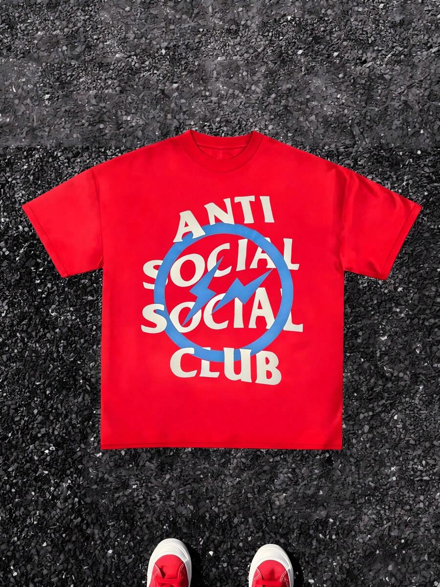1pcs Anti Social Club Lightning Print TShirt, Streetwear Style 100% Cotton TShirt Men's Graphic TShirt Summer Casual TShirt Perfect Gift - 紅色 - 查看 1