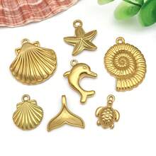 2件套不锈钢海洋动物吊坠，金色海洋海星贝壳海豚海龟吊坠，夏季海滩金属吊坠，夏威夷珠宝制作配件 - 金色 - 查看 5