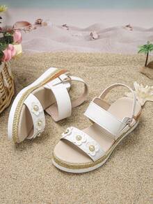 1 Pair Girls' Woven Wedge Sandals, Runs Small By 1 Size, Buckle Strap, Anti-Slip, Lightweight, Casual, Open Toe, Fashionable, Comfortable, Thick Sole, Suitable For Daily Wear And School In Summer - White - View 7