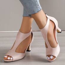 Giày sandal hở mũi gót vuông cho nữ, giày cao gót quai chữ T có khóa kéo thời trang, giày cao gót cổ điển đa năng. - Màu be - Xem 15