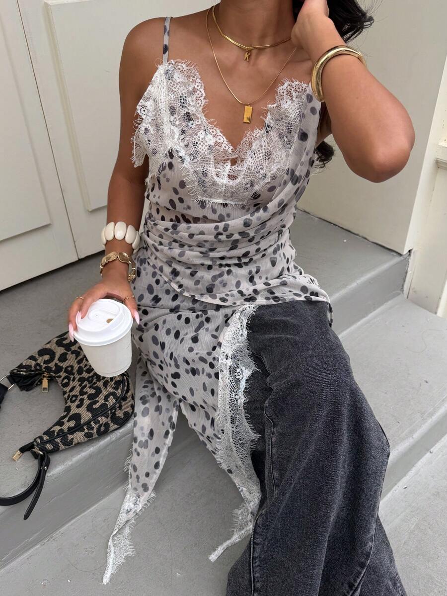 DEEKA Bộ sưu tập Xuân/Hè Mới Về Thời Trang Nữ: Áo Camisole chấm bi ren tối giản màu trắng, thích hợp cho kỳ nghỉ - trắng - Xem 1