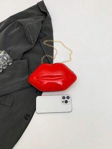 1pc Fashionable Shiny Lip Shaped Women Chain Crossbody Unique Mini Handbag PU Leather Small Bag - 紅色 - 查看 8