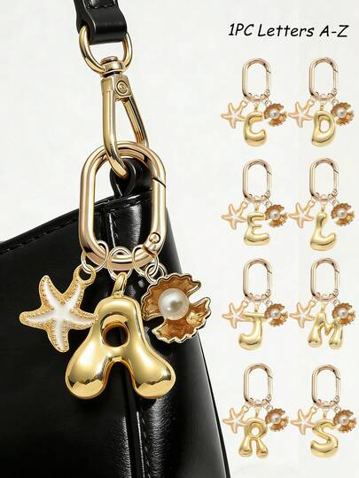 金色泡泡字母 A-Z 钥匙扣，可爱字母吊坠，饰以海星和贝壳，闪亮金属字母钥匙圈，个性化包包挂饰，手提包背包挂件，汽车钥匙扣装饰。适合日常使用、旅行、上学、购物、送礼，是情人节、生日、节日送给女孩、青少年、女性、朋友、母亲节的完美礼物。