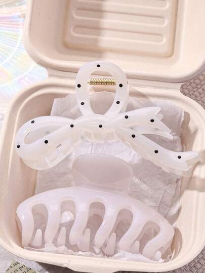 2个/1个女士4.33英寸/11厘米直爪波点轻质塑料发夹，蝴蝶结发夹，白色背脊，时尚多功能高端优雅简约纯色发爪，适合日常休闲、派对、通勤、海滩、盘发、马尾辫、洗脸、化妆和服装配饰