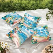 MEMNUN 4 件套地中海海景印花枕套（不含枕芯），尺寸 45*45 厘米（17.7*17.7 英寸），单面印花，涤纶材质，图案包括棕榈树、白色帆船、橙色沙滩小屋和蓝色大海，适用于沙发、客厅、卧室、汽车、办公室、酒店、度假屋等场所，是馈赠亲朋好友的理想之选。 - 彩色 - 查看 8