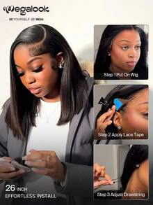 MEGALOOK 双拉直波浪波波头假发，真人发，13x6透明蕾丝假发，自然黑，无需胶水，三步即可佩戴，预剪漂白发结，拔毛发际线，100%真人发，双拉纬线制作，200%密度 - SNatural - 查看 5