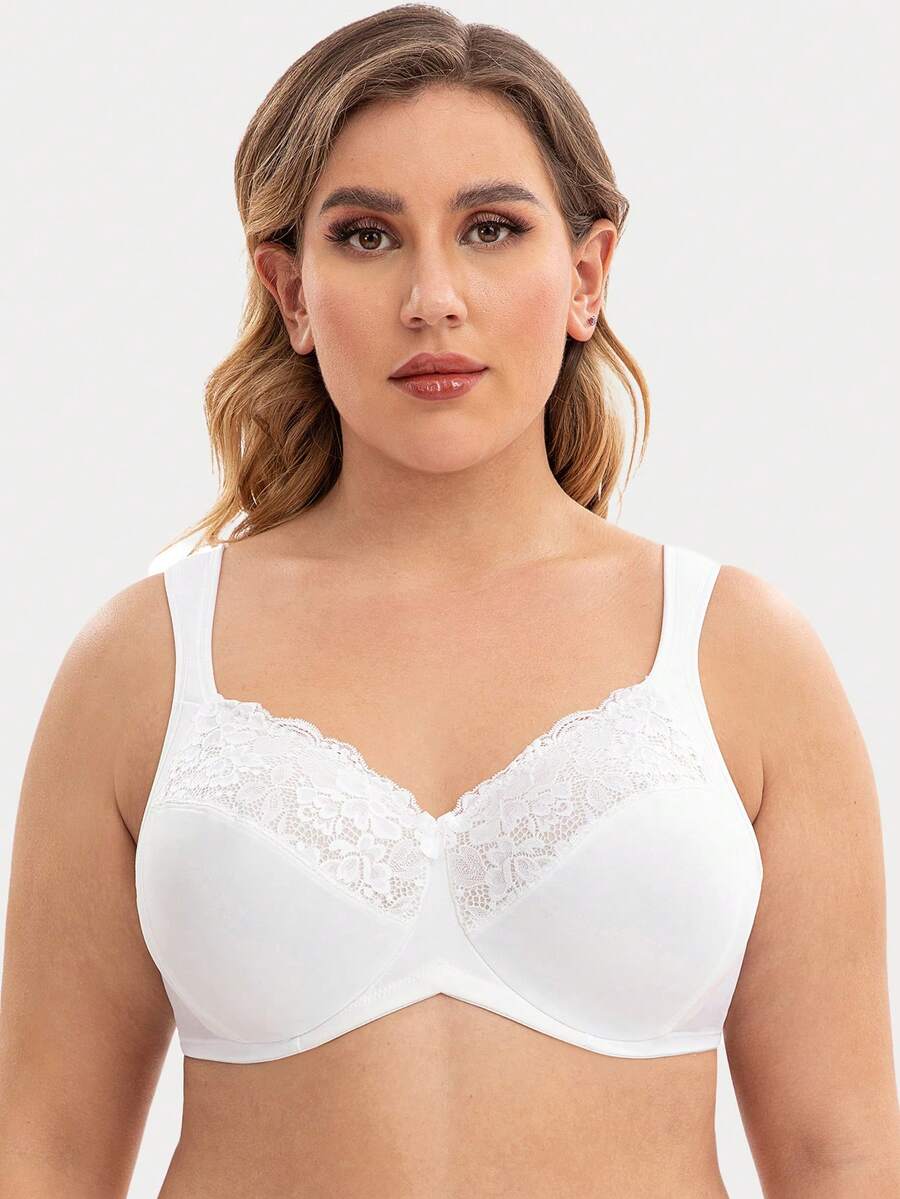 MELENECA Women Plus Size Full Coverage Wireless Lace Padded Shoulder Bra