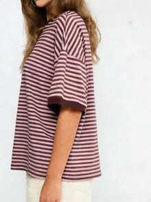 Vaiaye Women's Loose Round Neck Casual T-Shirt, Striped Patchwork Minimalist Fitted Contrast Color Short Sleeve T-Shirt, Suitable For Daily Wear, Work Commute, And Home Pink Summer - Pink - View 5