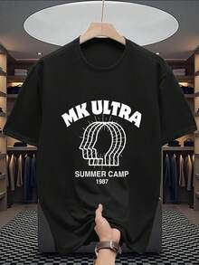 Crew Neck Graphic Cotton T Shirt For Men Black White Options,   Ultra Summer Camp 1987 Oversized Tees Casual Wear, Spring Short Sleeve Loose Fit Tops, Summer Fashion Basic Shirts, Clothes Gift For Men - 黑色 - 查看 1