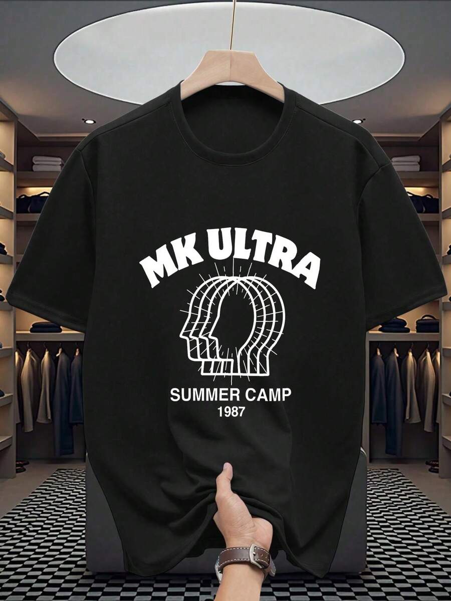Crew Neck Graphic Cotton T Shirt For Men Black White Options, Ultra Summer Camp 1987 Oversized Tees Casual Wear, Spring Short Sleeve Loose Fit Tops, Summer Fashion Basic Shirts, Clothes Gift For Men - 黑色 - 查看 1