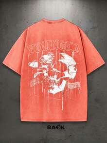 Men's Retro Washed T-Shirt | YLA Dripping Skull Design | A Perfect Gift For Men Or Boyfriends | 100% Cotton | 230g Thick Fabric | Unisex - 亮橙色 - 查看 2