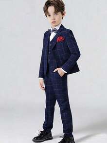 Young Boy Blue Plaid Blazer & Pants & Bow Tie 3pcs Formal Suit Set Without Vest, Spring & Fall Stylish Wedding Party Piano Recital Pageboy Tuxedo - Blue - View 2