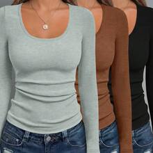 3pcs Women's Fashion Long Sleeve Round Neck Fitted Basic Shirt, Comfortable Long Sleeve T-Shirt, Spring/Autumn - Mixed Color 1 - View 6