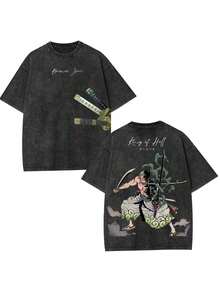 Valentine's Day Shirt "One Piece" Cartoon Derivative Printing Washed T-Shirt Men And Women Summer Fashion  Street Harajuku Style Popular Comfortable Top - 黑色 - 查看 1