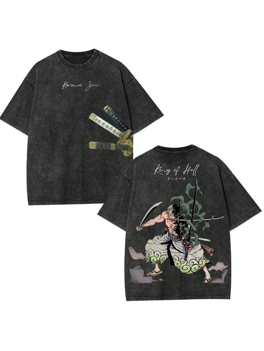 Valentine's Day Shirt "One Piece" Cartoon Derivative Printing Washed T-Shirt Men And Women Summer Fashion  Street Harajuku Style Popular Comfortable Top - 黑色 - 查看 1