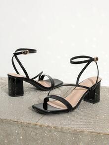 方头粗跟高跟凉鞋，优雅大方，适合宴会和派对等场合，时尚百搭的女士凉鞋 - 黑色 - 查看 7