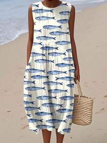 Plus Size Women's Sleeveless Round Neck Tank Dress White Base Blue Fish Allover Print Fresh Ocean Style Loose Straight Fit Seaside Vacation Daily Casual Dress - 彩色 - 查看 2