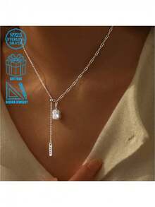 925 Silver Square Diamond Tassel Necklace, Luxury Elegant Letter Pendant Clavicle Chain For Women - Silver - View 8