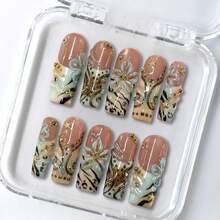 NailLuxe 10 PCS Handmade Medium Square Press-On Nails | Nude-Pink Gradient Gold Floral Sweet Girl Style With Nude-Pink Bases, Gold Floral & 3D Texture Embellishments - 摩卡棕 - 查看 9
