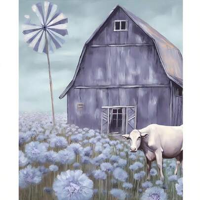 1pc 2D DIY Diamond Painting Rural Landscape, Purple Barn Windmill White Cow Floral Pattern, Handmade Diamond Art Decor, Perfect For Holiday Gifts