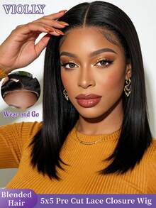 VIOLLY Tóc giả thẳng kiểu bob 14 inch, không cần keo dán, ren trong suốt 5*5 HD, đã cắt sẵn, mật độ 200%, đường chân tóc được xử lý nhiệt, tóc con được tỉa sẵn, thoáng khí, màu #1B đen tự nhiên, chịu nhiệt, pha trộn tóc người. - 1B# - Xem 12