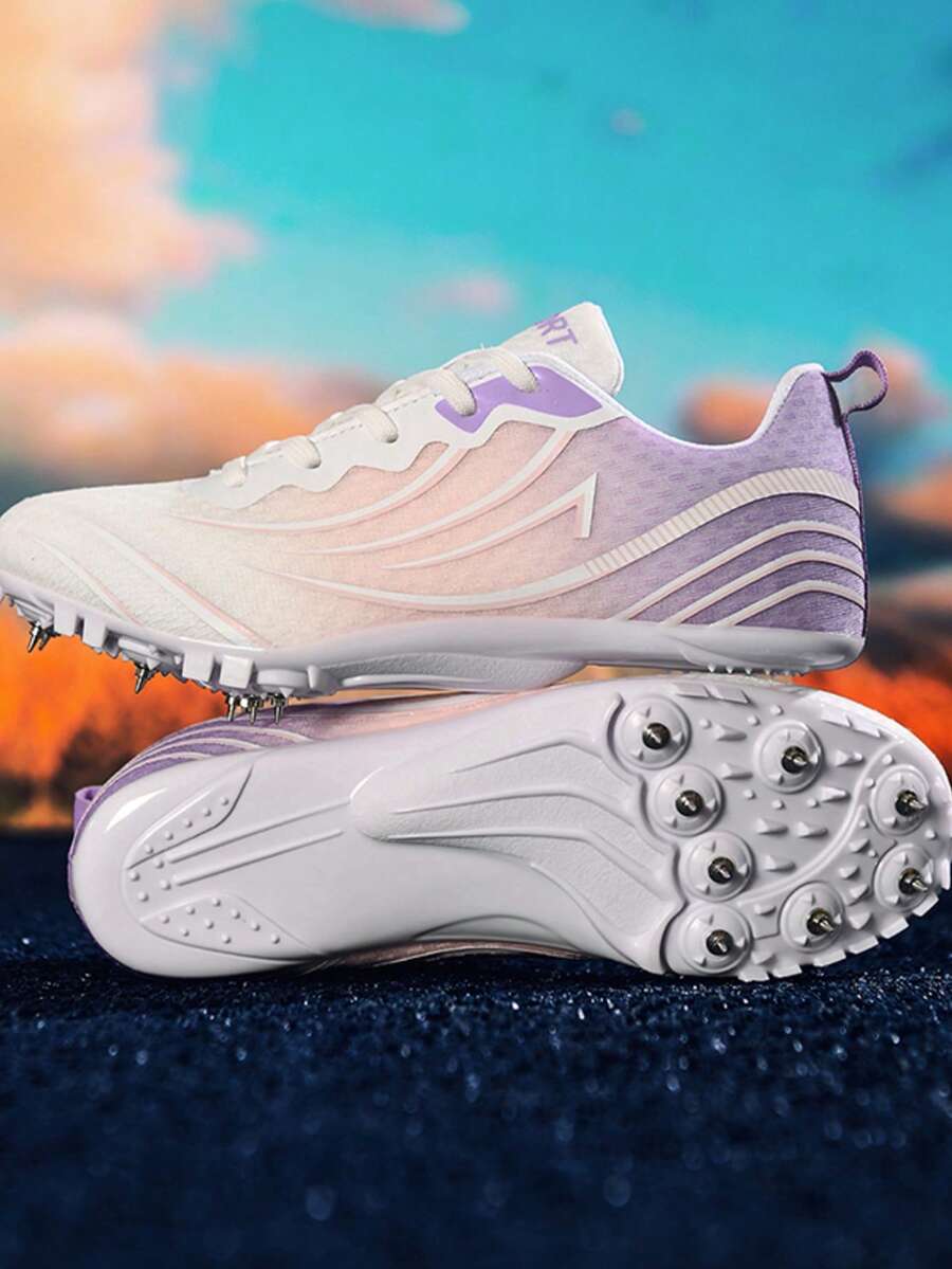 Zapatillas de atletismo profesionales de 8 clavos para mujer, malla degradada rosa-púrpura ligera antideslizante para sprint/salto largo/carreras en pista de plástico, desmontables
