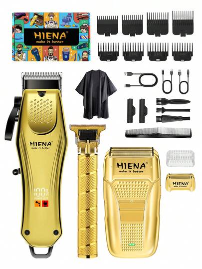 HIENA 3 Piecesmen's Electric Hair Clipper Set, Beard, Hair Clipper, Cordless, USB Charging, Home Or Travel Multi Machine Gold Set - The Perfect Gift For Men On Father's Day, Daily Beauty Occasions