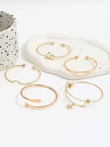 Bộ 5 vòng tay hình ngôi sao năm cánh cổ điển có thể điều chỉnh kích thước, vòng tay hở nhiều họa tiết thắt nút và dập nổi dành cho nữ. - Vàng - Xem 5