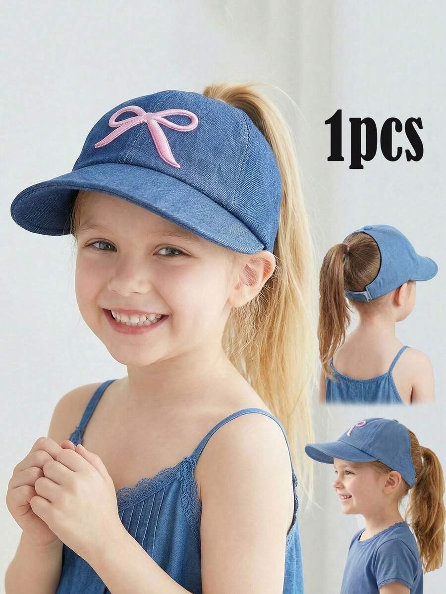 1pc Girls' Blue Embroidered Bow Baseball Cap, Ponytail Hole, Breathable UV Protection, Adjustable Children Sun Hat - 1PC - View 1