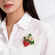 Cute Strawberry & White Flower Brooch, Gold Enamel Rhinestone Pin, Women's Fashion Jewelry, Birthday/Anniversary Gift For Girlfriend/Best Friend - Red - View 3