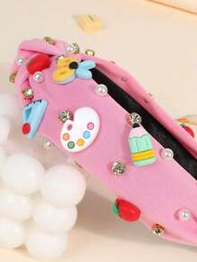 1pc Back To School Girl's Headband, Cute Apple Stationery Accessory, Ribbon Knot Hairband, Student Gift, Girl Hair Accessory - Pink - View 2