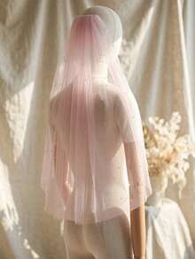 1pc Pink Short Pearl Veil, Single Layer Elbow Length With Metal Comb, Bridal Wedding Veil - Multicolor - View 10