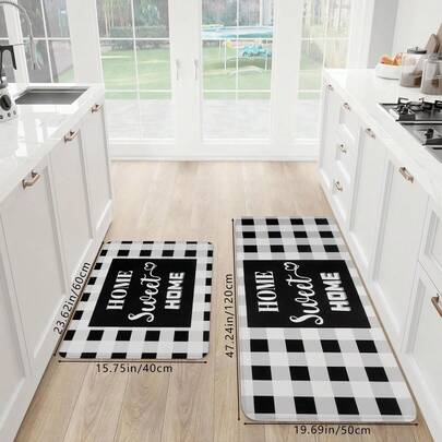 1 Stück gemütliche Heim-Atmosphäre "HOME Sweet HOME" & schwarz-weiß karierter bedruckter Schwamm Küchen-Bodenmatte, weich, rutschfest, saugfähig, waschbar, Fußmatte, Feiertags-Dekorationsteppich für Wohnzimmer, Schlafzimmer, Küche, Eingang, Badezimmer