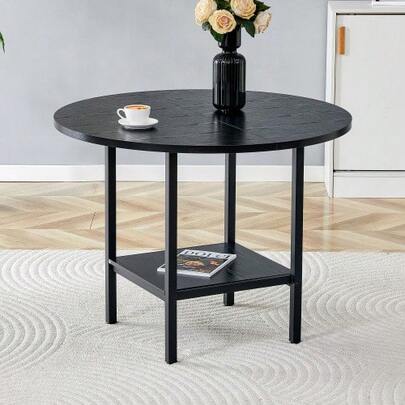 Modern Round Dining Table With Storage Shelf, Black Wood Grain And Black Metal Frame, Suitable For 4-6 People Dining Set, Ideal For Kitchen, Dining Room And Small Spaces